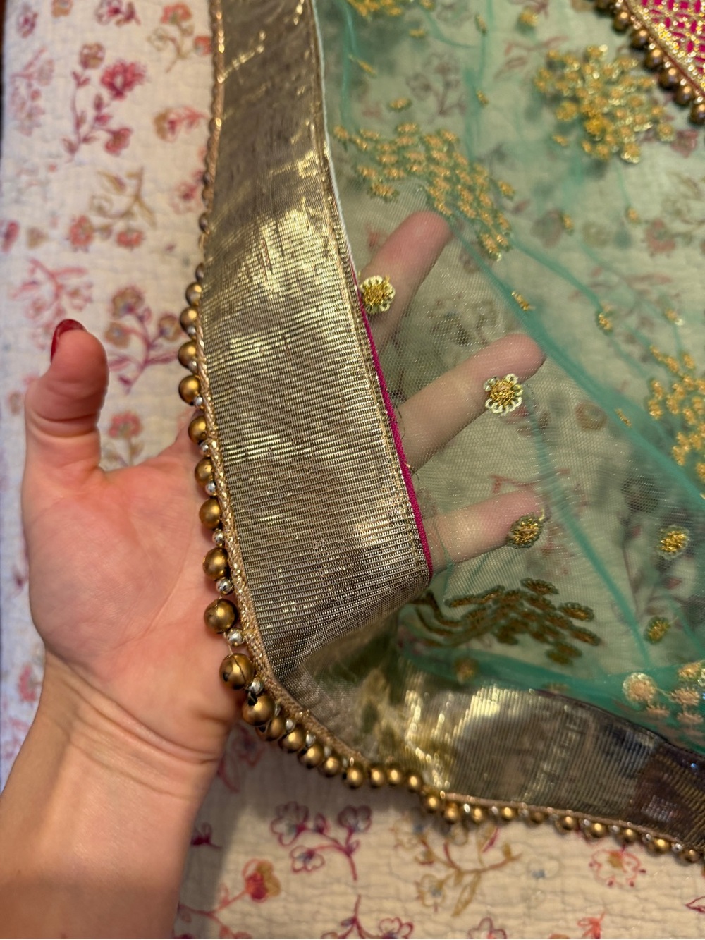 Embroidered Turquoise and Gold Beaded Scarf with Pink Trim 92x38 - Picture 6 of 9